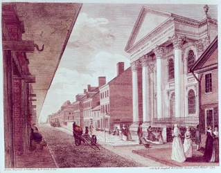 Főutca az első presbiteriánus templommal, Philadelphia, 1799