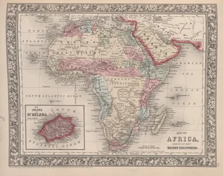 Afrika térképe, amelyen a legutóbbi felfedezések láthatók Szent Ilona szigetével, Mitchells új általános atlaszából, 1863-ból (színes metszet)