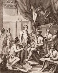 Montezuma átadja birodalmát a spanyol királynak, adót ad neki, és engedelmességet ígér, Antonio de Solis y Rivadeneira Solis Mexikó hódításának története, Ximeno metszete