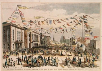 Országos republikánus konvenció, Broad Street, Philadelphia, a „Philadelphia-Broad Street, in the Vicinity of the Academy of Music” című képből, a „Harper