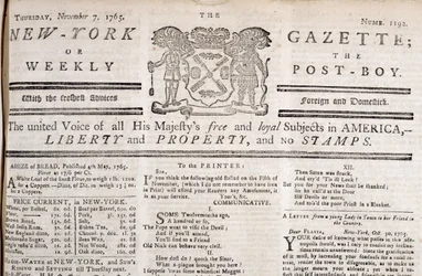A New York Gazette fejléce, amely kijelenti, hogy ellenzi a bélyegeket, 1765. november 7-én nyomtatva (nyomtatott)
