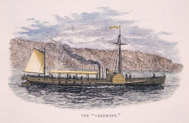 Robert Fulton (1765-1815) „Clermont” gőzhajója a Hudson folyón, New York