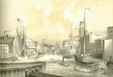 Rush Street Bridge, View from State Street, Chicago Illustrated, James W. Sheahan irodalmi leírásaival, Jevne & Almini, Chicago, 1866-67