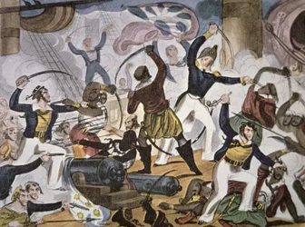 A Királyi Haditengerészet tengerészei Algeri kalózhajóra szállnak, 1820 körül (színes litho)