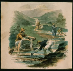 Jelenet a Sacramento ágán 1597-ben, illusztráció Kaliforniából, múltja, jelenlegi helyzete, jövőbeli kilátásai, G.A. Fleming, 1850