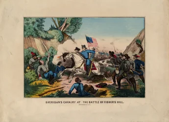 Sheridans lovassága a Fishers Hill csatában (Shenandoah Valley), kocsma. szerző: Currier & Ives, 1864 körül