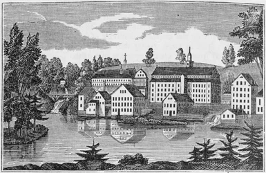 A norwichi Yantic Falls gyárainak délkeleti nézete a „Connecticut Historical Collections”-ből, John Warner Barber, 1856