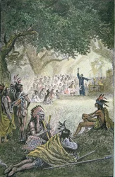 Spanyol jezsuita misszionáriusok, akik megtérítették az indiánokat Kaliforniában a 17. században (színes litho)