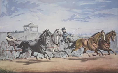 Stella és Alice Gray – Lámpás és bálnacsont, Passing the Stand (In their great match for in Double Harness over the Union Course L.I. 1855. június 5.), pub. 1855, Currier & Ives