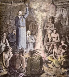 Brebeuf francia jezsuita misszionárius az algonkinok között (színes litho)