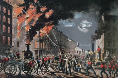 Egy tűzoltó élete (New York Volunteer Fire Department), kiadó: Currier & Ives