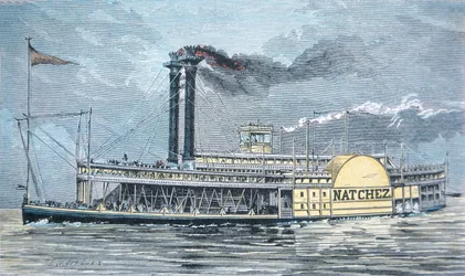 A Mississippi oldalkerekes „Natchez”, 1870 körül (színes metszet)
