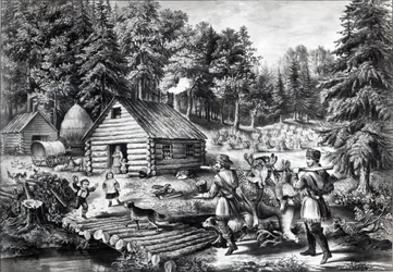 Az úttörőotthon a nyugati határon, kocsma. Currier und Ives, 1867