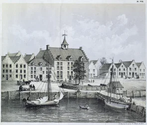 A New York-i Stadthuys 1679-ben, Corner of Pearl Street és Coentijs Slip, a Journal of a Voyage to New York 1679-80-ból Jasper Danckaerts (sz. 1639) és Peter Sluyter (1645-1722) 1867-ben.