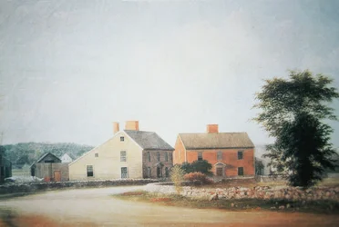 John Adams (1735-1826) szülőhelye Braintree-ben, ma Quincy, Massachusetts (színes litho)