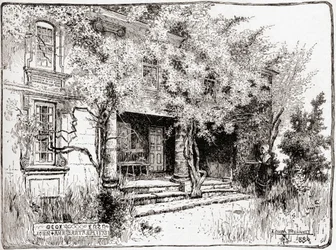 John Bartram otthona Philadelphia közelében, a The Century Illustrated Monthly Magazine-ból, 1884-ben (fametszet)