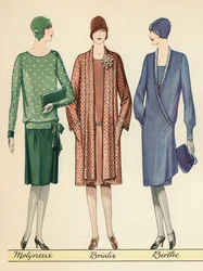 Három flappers francia tervezői ruhákat modellez
