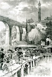 Turisták visszatérnek gőzhajójukhoz a Harlem folyón, a bal oldalon a High Bridge-tel, W.A Rogers metszetével a Harpers Weekly számára, 1880. július 24.