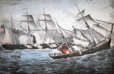 Az amerikai Sloop "Kearsage" elsüllyeszti a Conföderate Raider "Alabamát" Cherbourgnál