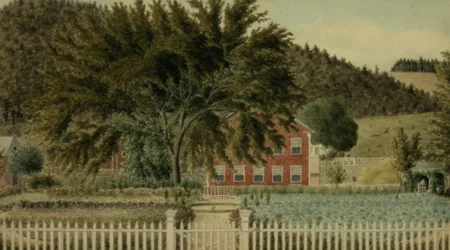 Kilátás egy vörös házra kerítéssel, 1854 (wc gouache papíron)