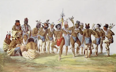 A sauk és fox indiánok háborús tánca, illusztráció Thomas L. McKenney és James Hall „The Indian Tribes of North America, Vol. 1” című művéből, John Grant kiadásában