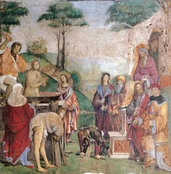 Szent Cecilia mártíromsága, Amico Aspertini (1474 vagy 1475-1552), freskó, Santa Cecilia oratóriuma (Szent Cecilia), Bologna, Emilia-Romagna. Olaszország