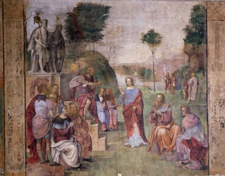 Santa Cecilia (St. Cecilia) tárgyalása, 1506 körül, Amico Aspertini (1474 vagy 1475-1552), freskó, Santa Cecilia oratóriuma (St Cecilia), Bologna, Emilia-Romagna. Olaszország
