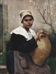Breton lány, aki egy befőttesüveget tart