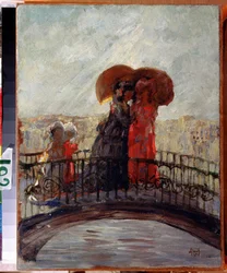 Eső alatt (Esőben). Anatolij Afanaszjevics Arapov (1876-1949) festménye. Olaj, vászon, 36 x 28 cm