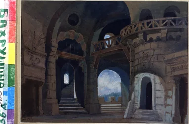 Decor pour la piece Macbeth de William Shakespeare (1564-1616) (Színpadterv W.Shakespeare Macbeth című darabjához). Anatoli Fjodorovics Geltser (1852-1918) életműve, aquarelle et gouache sur papier