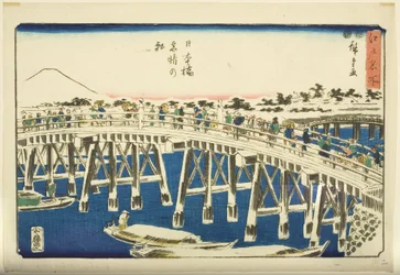 Tiszta reggel hó után a Nihonbashi-hídnál (Nihonbashi yukibare no asa) (színes fatömbnyomat)