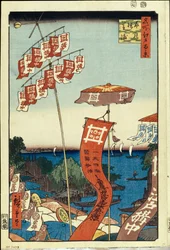 Le pont Kanasugi et Shibaura (cent vues celebres de Edo) – Oeuvre de Utagawa Hiroshige (1797-1858), estampe japonaise, vers 1858 – (Kanasugi híd és Shibaura – (Edo száz híres képe), Utagawa Hiroshige színes fametszete kb 1858) Állami Remete