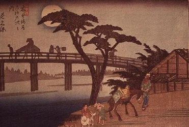 Moonlight over Nagacubo, 1840 körül (yoko-e vízszintes formátumú színes fatömbnyomat)