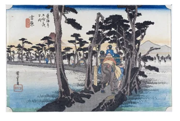 No. 15 Yoshiwara - balra a Fudzsi-hegy, Edo-korszak, 1833-34 körül (fametszet, papír)
