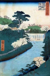 Edo száz híres kilátása: az Otonashioji folyó gátja. Japán nyomtatott Utagawa Hiroshige (1797-1858) 19. század. Magángyűjtemény.