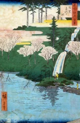Edo száz híres kilátása; kilátás a Chiyo a Meguro tóra. Japán nyomtatott Utagawa Hiroshige (1797-1858) 19. század. Magángyűjtemény