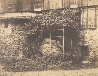 [Rustic Building with Man Under Trellis], kb. 1853.