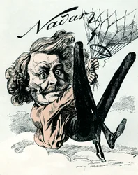 Rajzfilm Felix Nadarról, a légifelvételek úttörőjéről 1858-ban, itt lóg a léggömbjén (metszet)