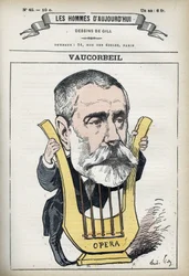 Auguste Emmanuel Vaucorbeil (1821-1884), francia zeneszerző és a Párizsi Opera igazgatója portréja. Gill, Párizs rajzfilmje.