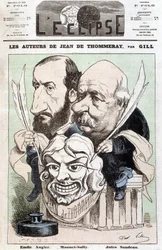 A Jean de Pommeray című darab szerzői, Emile AUGIER (1820-1889) és Jules SANDEAU (1811-1883) portréja, kezében Mounet-Sully komikus (Jean Sully Mounet, Mounet Sully) arcát ábrázoló maszk.