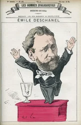 Emile Deschanel (1819-1904), francia író és politikus, Paul Deschanel (1855-1922), 1920-ban a Francia Köztársaság elnökének édesapja portréja. Gill rajzfilmje, Párizs.