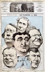 Léonce, Berthelier, Poppy Cadet, Dupuis, Pradeau és Baron színházi szerzők portréi. Gill rajzfilmje a „L