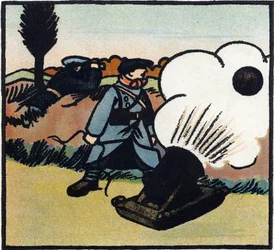 Első világháború 1914-1918 (14-18): Bombakilövő. Egy francia katona ágyúval bombákat küld az ellenségre. Metszet a "Nagy háború ábécéje 1914-1916 (katonáink gyermekei számára)" című kötetben. Editions Berger-Levrault