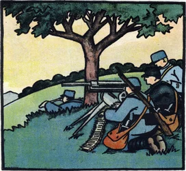 Első világháború 1914-1918 (14-18): A francia hadsereg katonái géppuskát használnak a csatatéren. Metszet a "Nagy háború ábécéje 1914-1916 (katonáink gyermekei számára)" című kötetben. Editions Berger-Levrault
