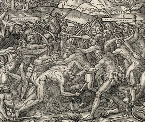 Harc Margageaz és Tabajares törzsek között, metszet az egyetemes kozmológiából, Andre Thevet (1504-1592)