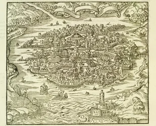 Quinsai (ma Tianjin) városa, metszet Andre Thevet La Cosmographie Universelle (Egyetemes kozmográfia) című művéből.