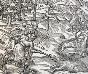 Az indiánok vaddisznóvadászata, metszet az Univerzális Kozmológiából, Andre Thevet (1504-1592), Párizs