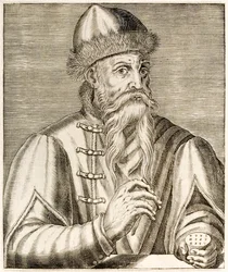 Johannes Gutenberg: német feltaláló, akinek mozgatható betűs nyomdagépe elindította a nyomtatási forradalmat, André Thévet Igaz portrék című, 1584-ben megjelent művéből