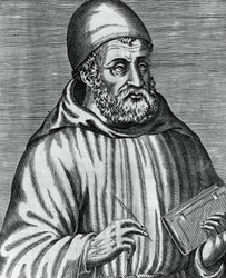 John Duns, közkeletű nevén Duns Scotus (1265 vagy 1266-1308), skót filozófus és teológus portréja, Andre Thevet (1504-1592) metszetei A híres görög, latin és pogány férfiak igazi portréi és élete című könyvéből.