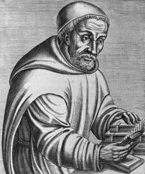Rabanus Maurus Magnentius (meghalt 856-ban) német bencés szerzetes és teológus portréja, a Les vrais pourtraits et vies des hommes illustrés grecz, latins et pagans metszete, Andre Thevet